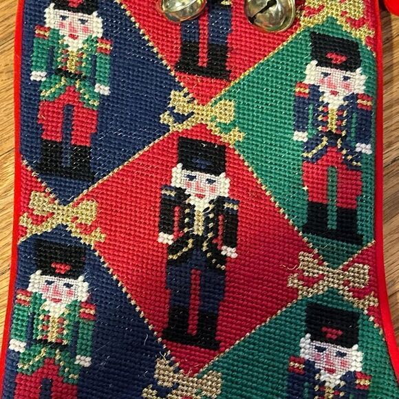 Vintage needlepoint nutcracker stocking with bells - Picture 9 of 11